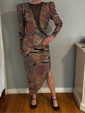 VIntage CACHE small asymmetrical GLAM goth metallic beaded midi dress 90’s Y2K
